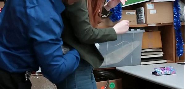  Redhead teen shop thief caught and fucked by security